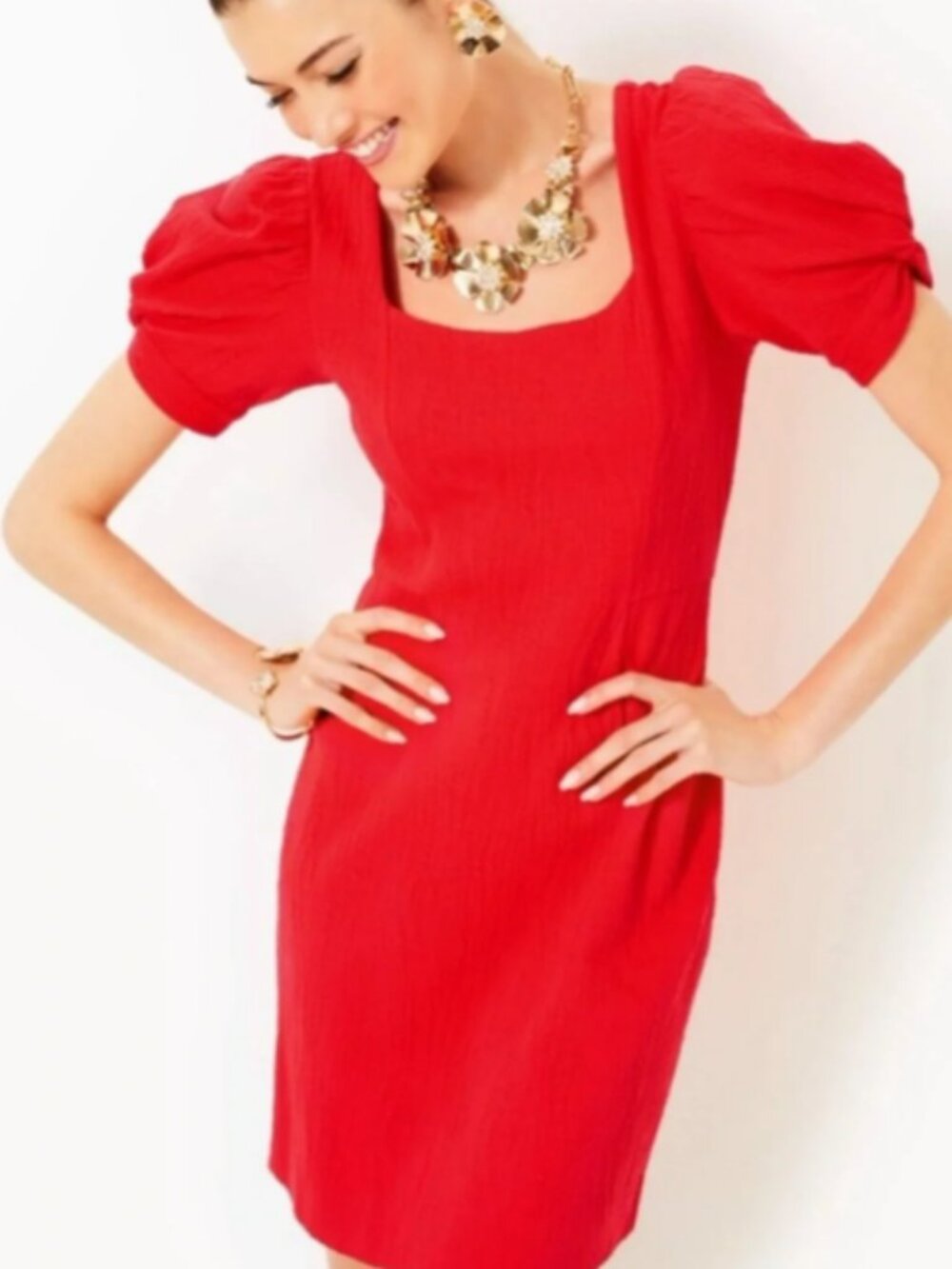 Lilly Pulitzer Elisha Shift Dress Rocco Red Wavy Knit Jacquard Puff Sleeves